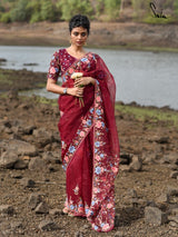 Women's Red Mul Cotton Saree