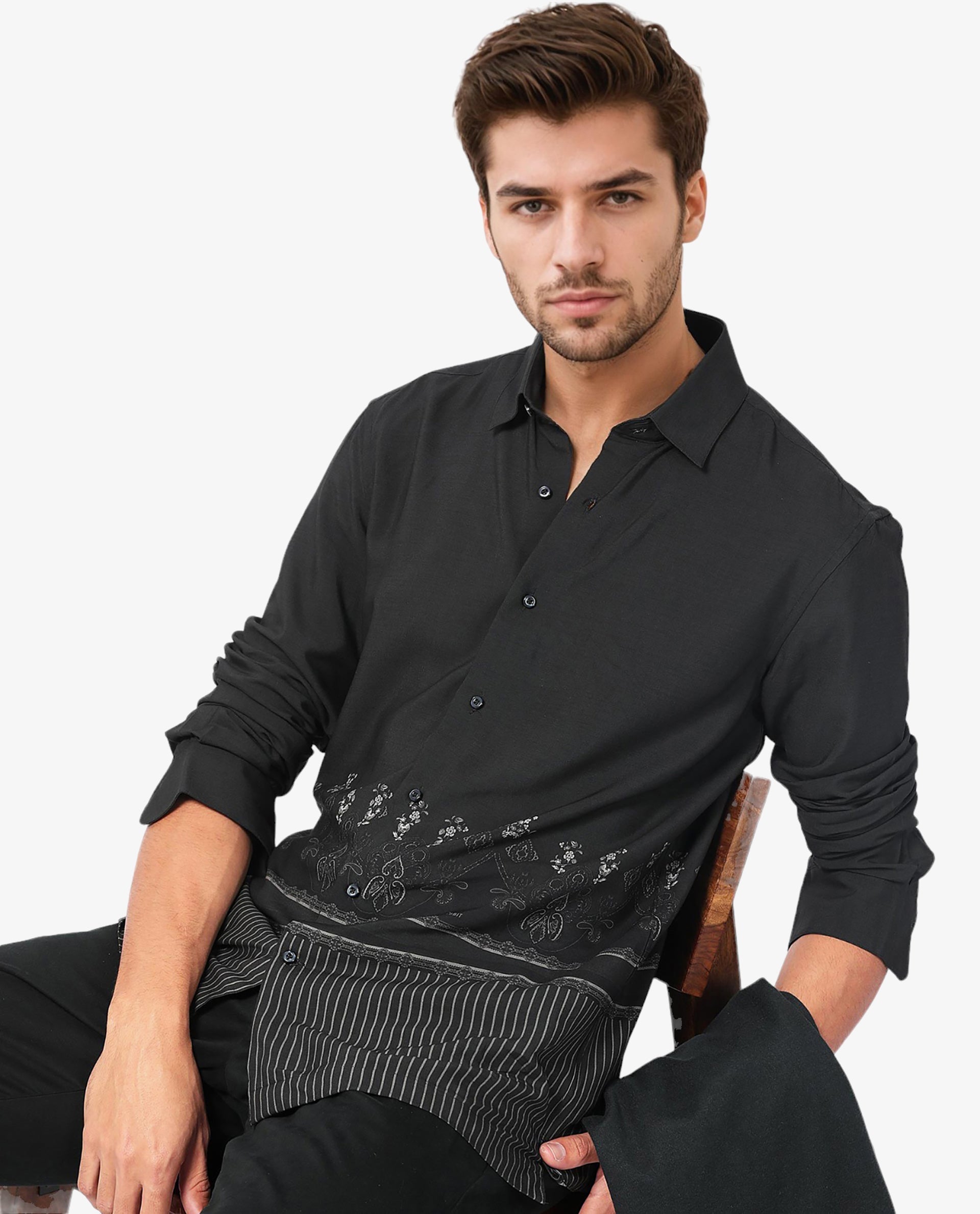 Men's Black Casual Regular Fit Printed Full Sleeves Shirt