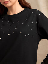 Women's Black Metal Studded Solid Sweatshirt