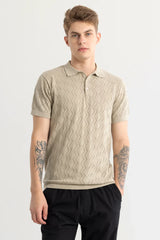 Men's Beige Casual Slim Fit Textured Half Sleeves Polo Tshirt