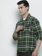 Men's Regular Fit Checkered Full Sleeves Spread Collar Double Flap Pocket Casual Over Shirt