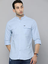 Men's Slim Fit Solid Full Sleeves Mandarin Collar Double Flap Pocket Casual Shirt
