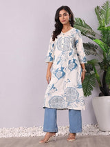Women's White & Blue Floral Printed V Neck Sequinned Panelled Cotton A Line Kurta