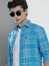 Men's Slim Fit Checkered Full Sleeves Spread Collar Casual Shirt