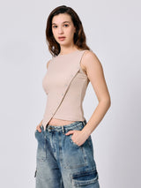 Women's Beige Textured Assymetric Hem Tank