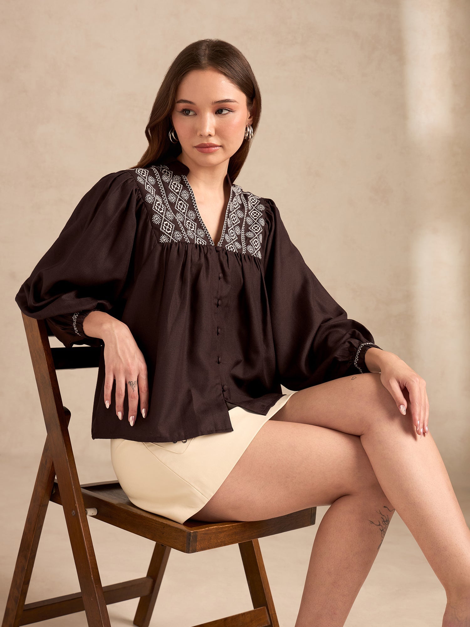 Women's Brown Casual Geometric Full Sleeves Top