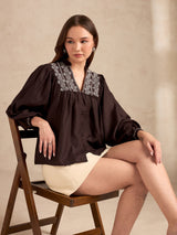 Women's Brown Casual Geometric Full Sleeves Top