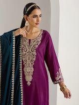 Women's Purple Polyester Chinon 3 Pieces Kurta Set