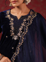 Women's Velvet Navy Straight Kurta Set with Dupatta