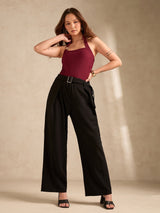 Women's Maroon Halter Neck Metal Trim Detailing Tank