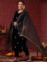 Women's Ethnic Wear Velvet Black Straight Kurta Set with Dupatta