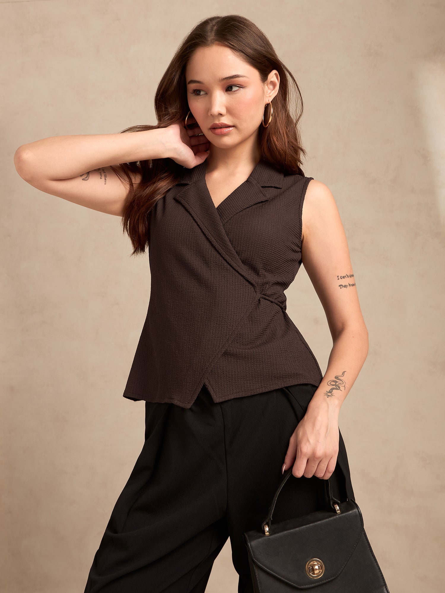 Women's Brown Party Solid Sleeveless Top