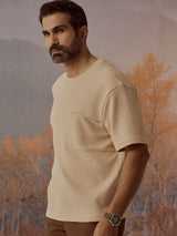 Men's Beige Casual Relaxed Fit Solid Half Sleeves Tshirt