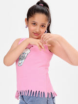 Girls Pink Casual Printed Regular Fit Sleeveless Tshirt