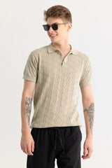 Men's Beige Casual Slim Fit Textured Half Sleeves Polo Tshirt