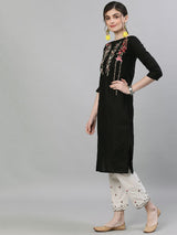 Women's Black Off-White Embroidered Kurta with Trousers