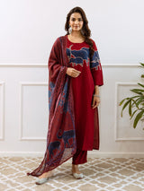 Women's Red Cotton 3 Pieces Kurta Set
