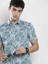 Men's Green Regular Fit Floral Printed Half Sleeves Spread Collar Casual Shirt