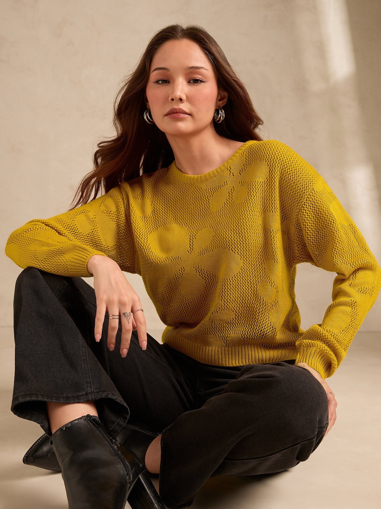 Women's Mustard Bold Floral Print Sweater