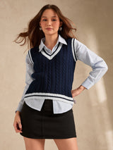 Women's Navy Blue Varsity Contrast Tipping Sweater