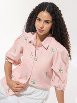 Women's Pink Party Floral Three Quarter Sleeves Shirt