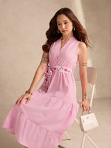 Women's Pink Flared Tiered Stripe Shirt Dress With Embroidered Belt