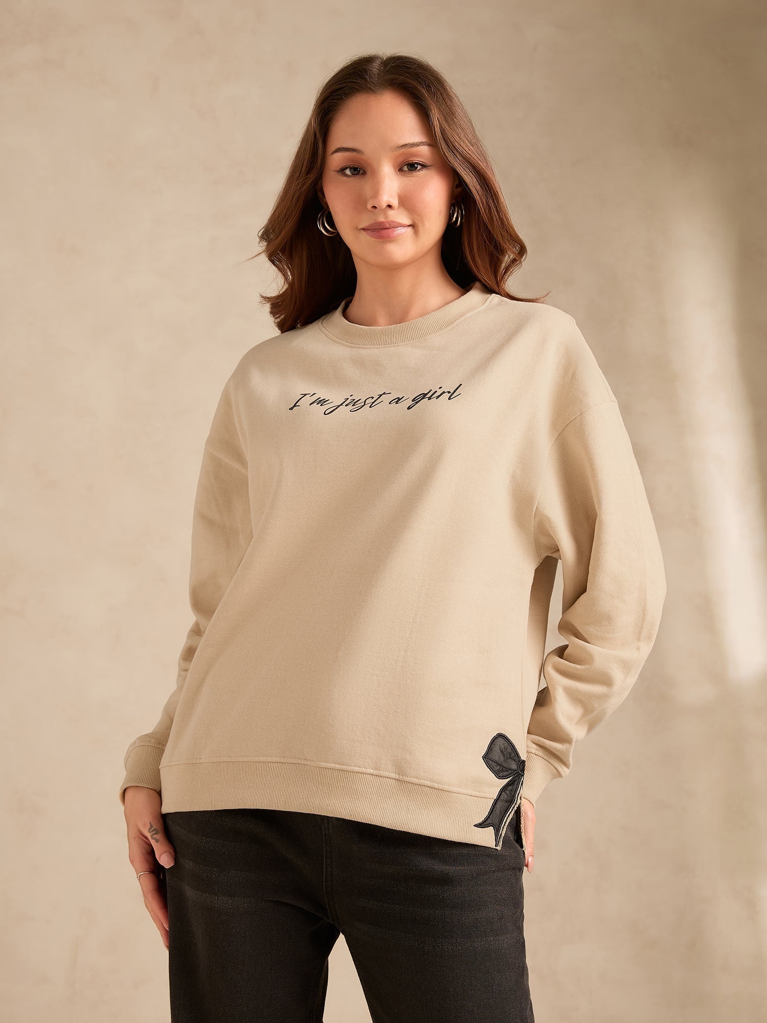 Women's Beige Typographic Bow Sweatshirt