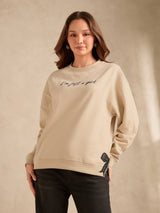 Women's Beige Typographic Bow Sweatshirt