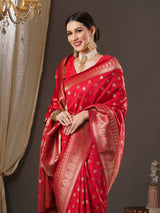 Women's Silk Blend Red Woven Design Designer Saree with Blouse Piece