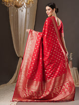 Women's Silk Blend Red Woven Design Designer Saree with Blouse Piece