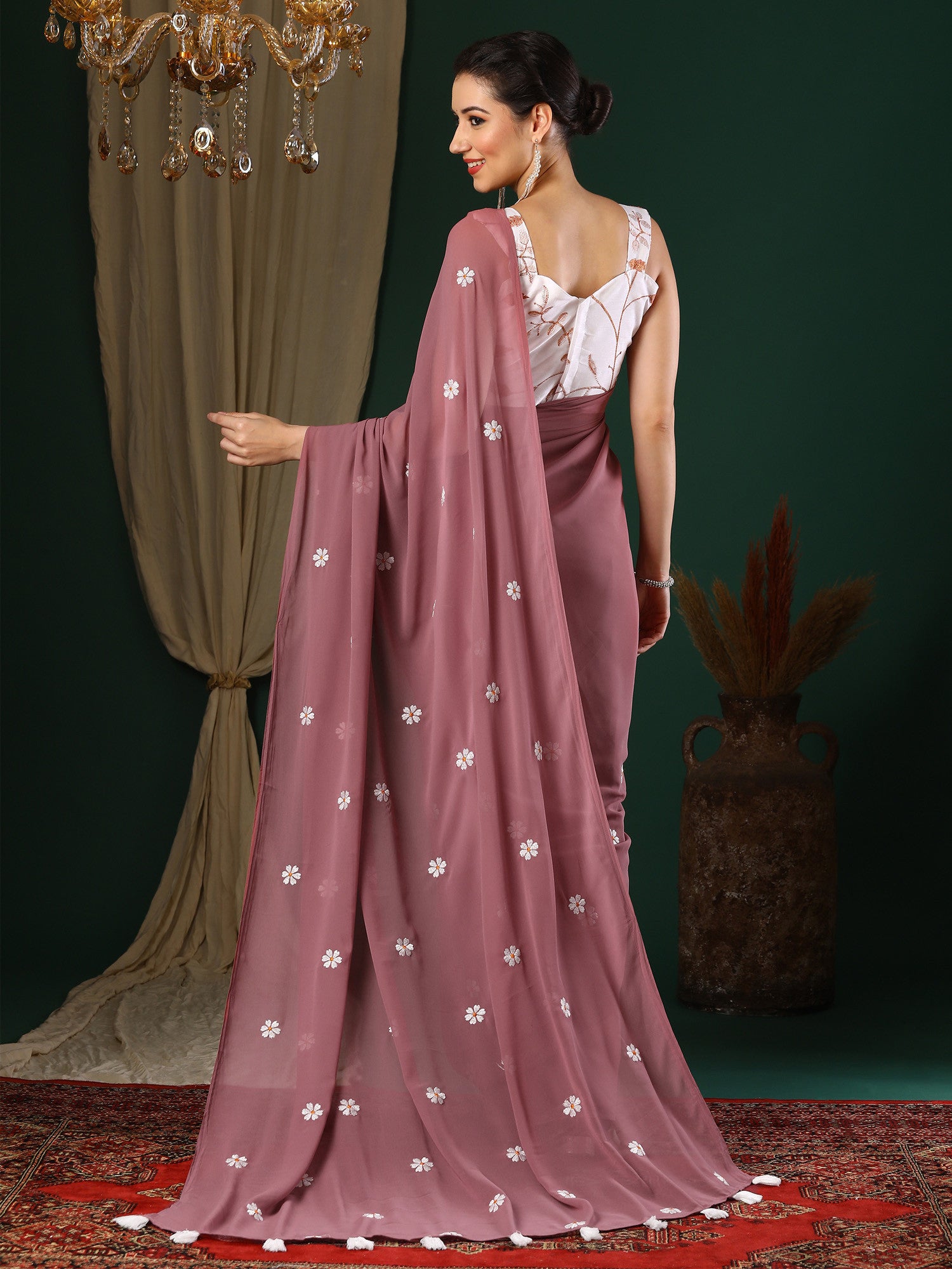 Women's Georgette Pink Embroidered Designer Saree with Blouse Piece