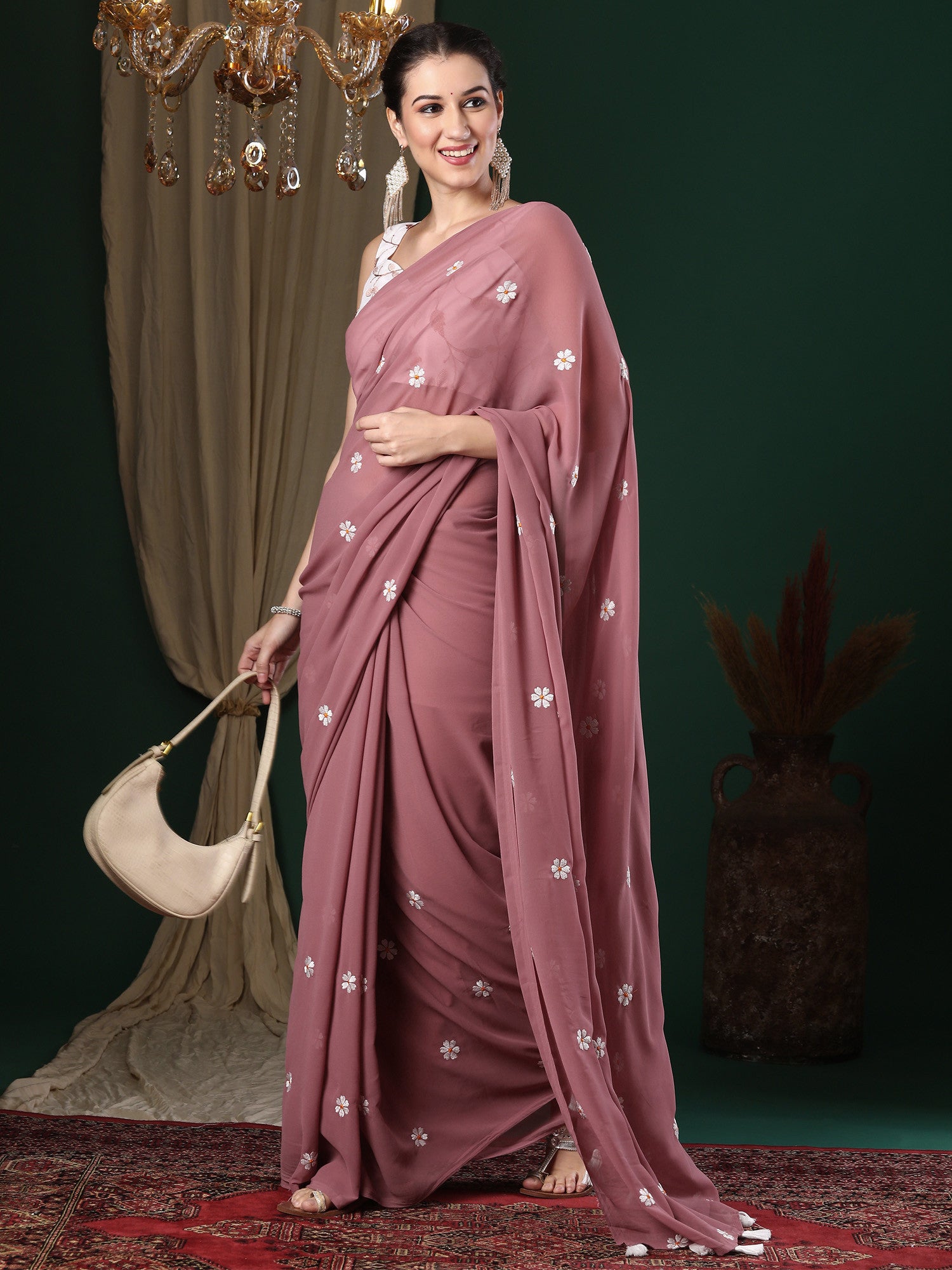 Women's Georgette Pink Embroidered Designer Saree with Blouse Piece