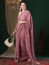 Women's Georgette Pink Embroidered Designer Saree with Blouse Piece