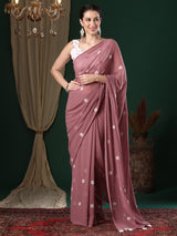 Women's Georgette Pink Embroidered Designer Saree with Blouse Piece