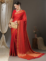 Women's Georgette Red Woven Design Designer Saree with Blouse Piece