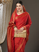 Women's Georgette Red Woven Design Designer Saree with Blouse Piece