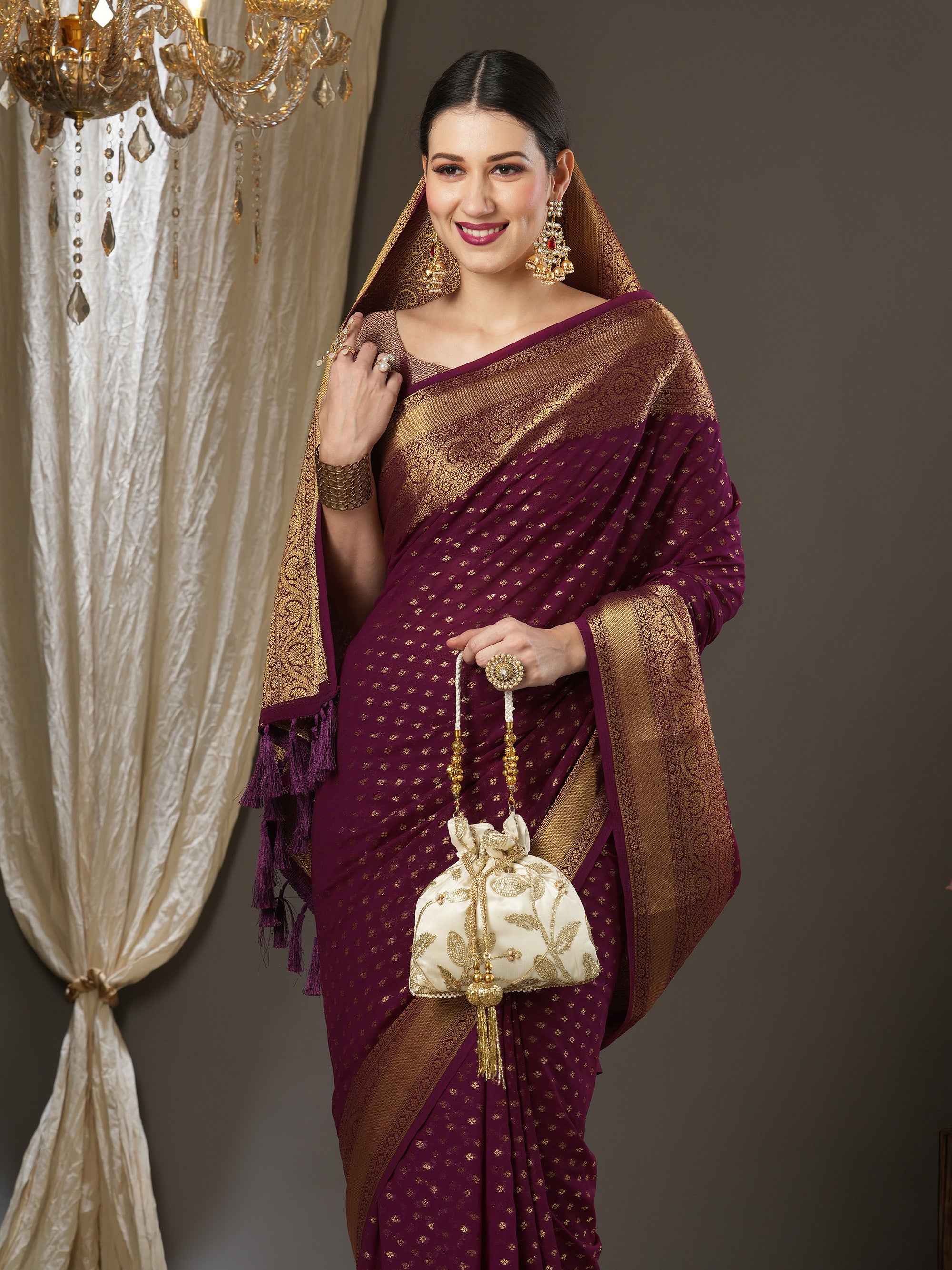 Women's Georgette Red Woven Design Designer Saree with Blouse Piece