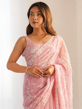 Women's Georgette Pink Embellished Designer Saree with Blouse Piece