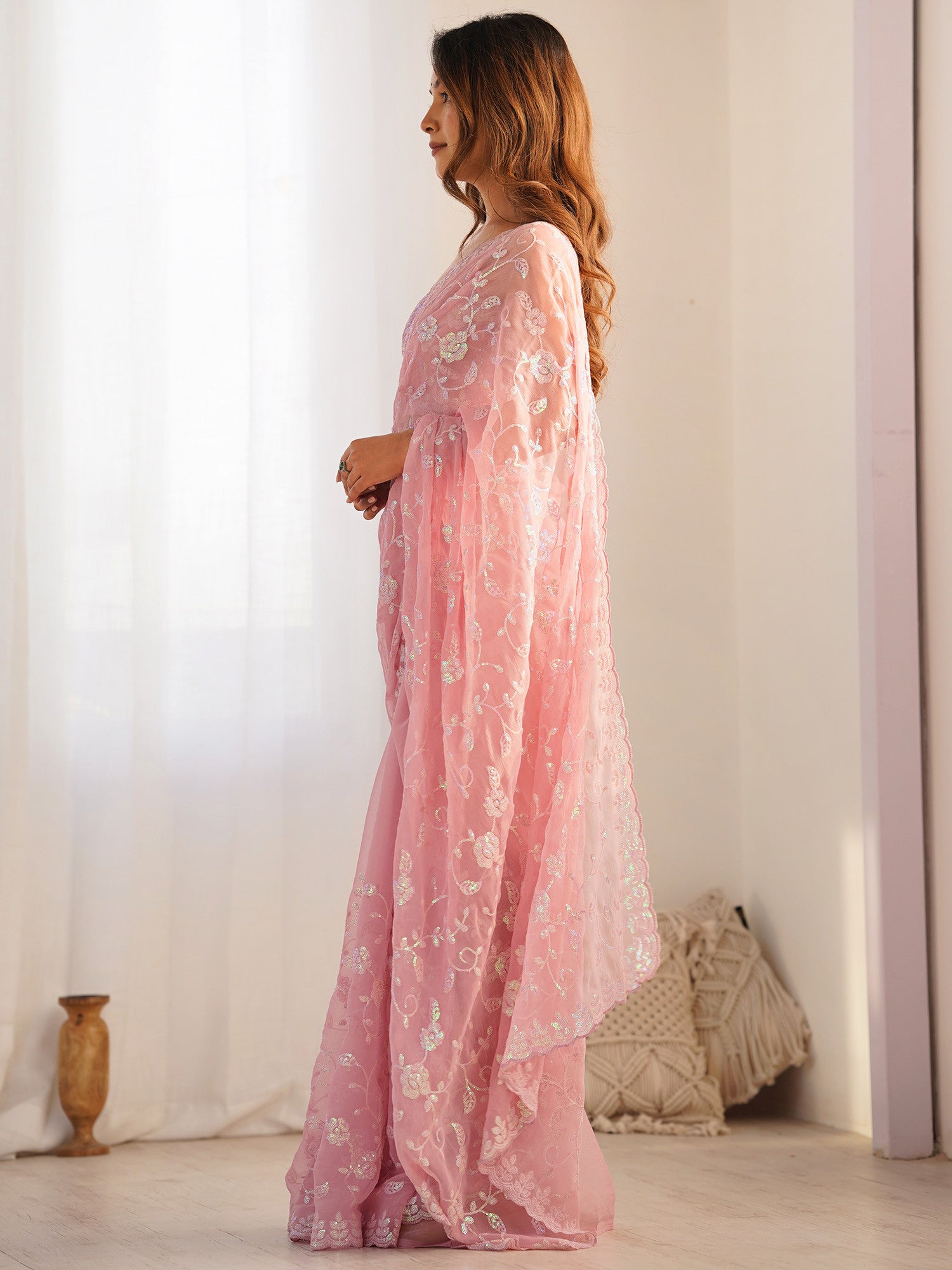 Women's Georgette Pink Embellished Designer Saree with Blouse Piece