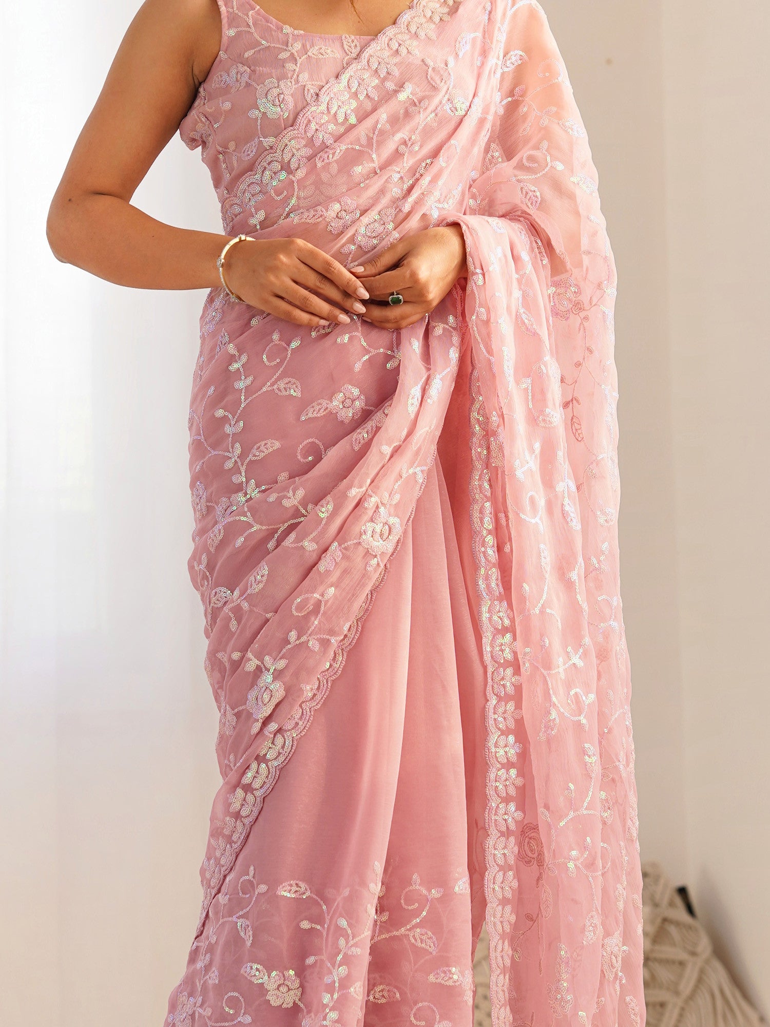 Women's Georgette Pink Embellished Designer Saree with Blouse Piece