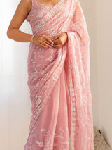 Women's Georgette Pink Embellished Designer Saree with Blouse Piece