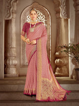 Women's Traditional Georgette Pink Woven Design Designer Saree with Blouse Piece