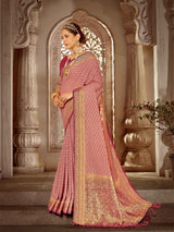 Women's Traditional Georgette Pink Woven Design Designer Saree with Blouse Piece