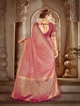 Women's Traditional Georgette Pink Woven Design Designer Saree with Blouse Piece