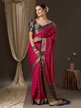 Women's Traditional Georgette Pink Woven Design Designer Saree with Blouse Piece