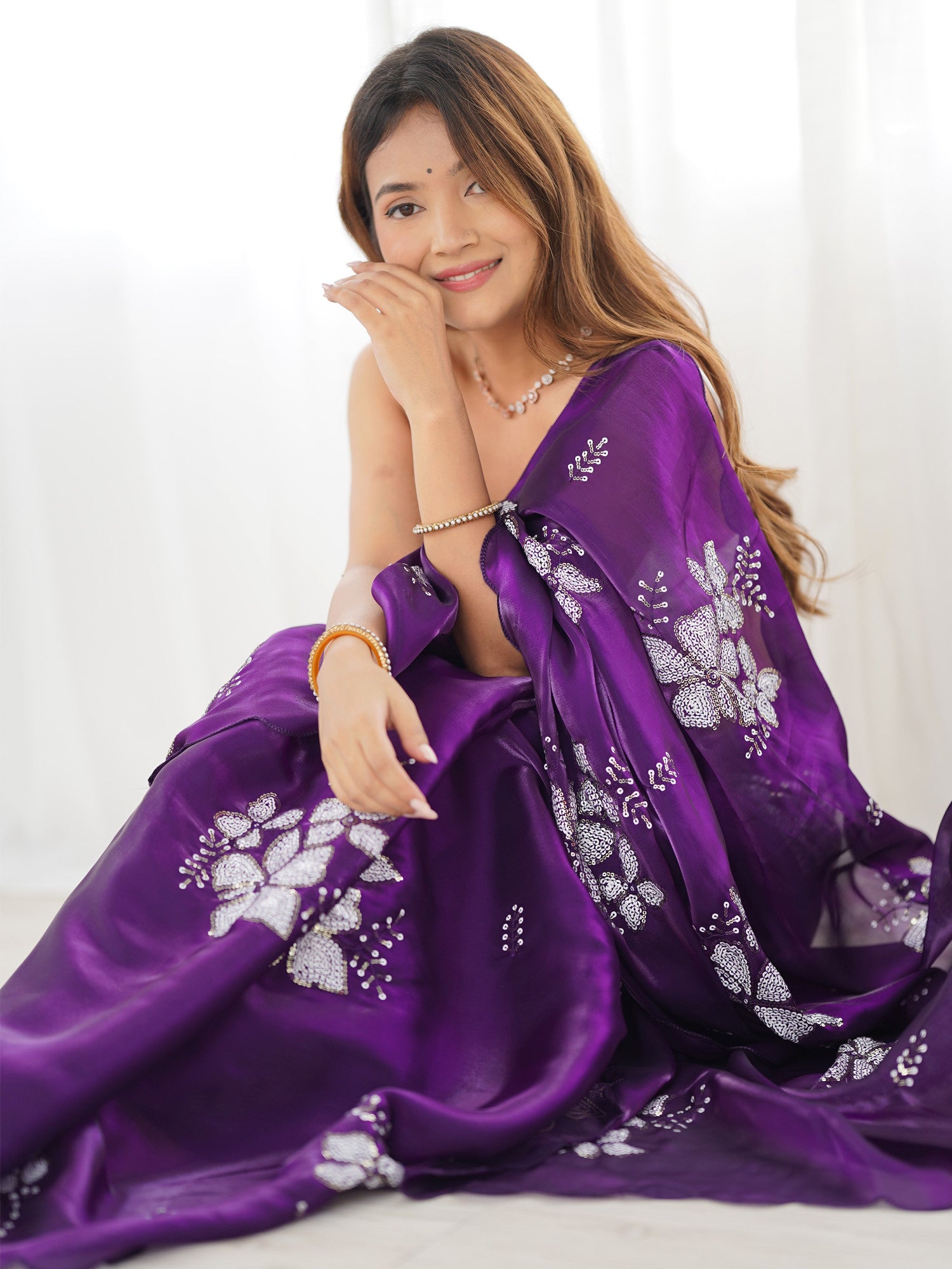 Women's Organza Purple Embellished Designer Saree with Blouse Piece