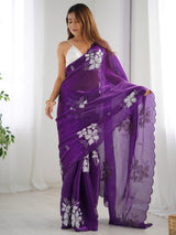 Women's Organza Purple Embellished Designer Saree with Blouse Piece