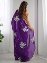 Women's Organza Purple Embellished Designer Saree with Blouse Piece