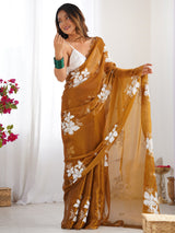 Women's Traditional Organza Brown Embellished Designer Saree with Blouse Piece