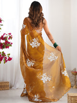 Women's Traditional Organza Brown Embellished Designer Saree with Blouse Piece